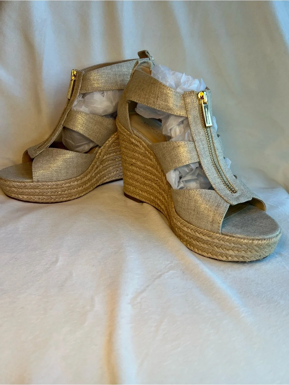Michael Kors Gold Espadrille Wedge Sandals with Front Zip